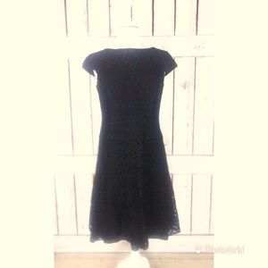 Vintage Anne Klein black eyelet lace cap sleeve cocktail dress.